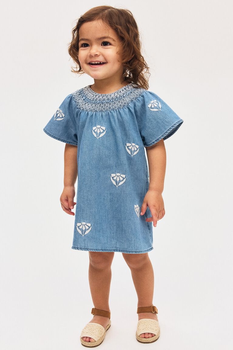 Embroidery-detail denim dress