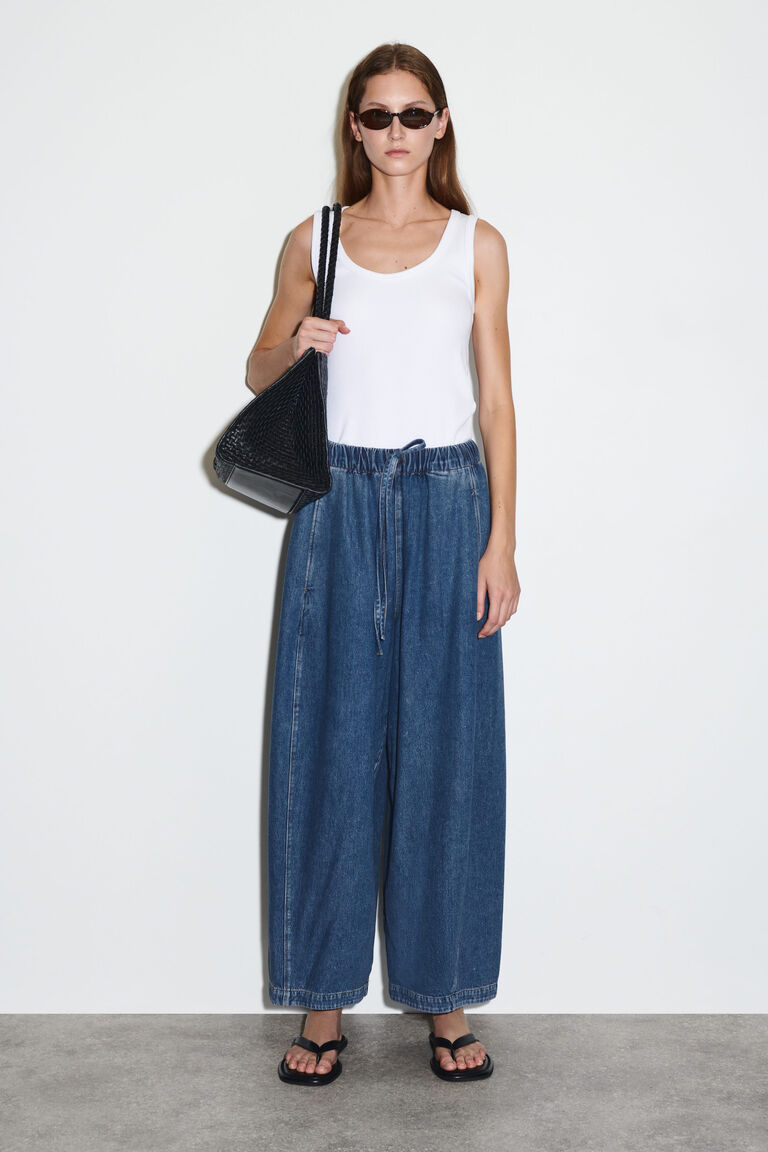BARREL-LEG DENIM DRAWSTRING TROUSERS