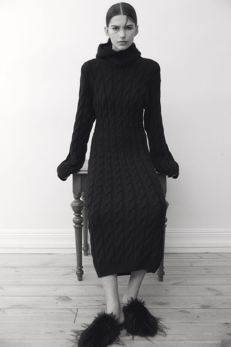 cable knit split hem midi dress Brown High Slit Sweater Dress Brown Ribbed Knit Split Hem Midi Sweater Dress