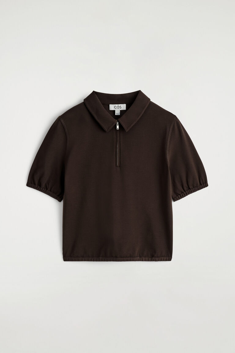 GATHERED JERSEY ZIPPED POLO TOP