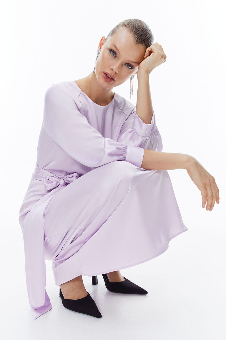 16712 Red Lace Collar Belt Satin Dress