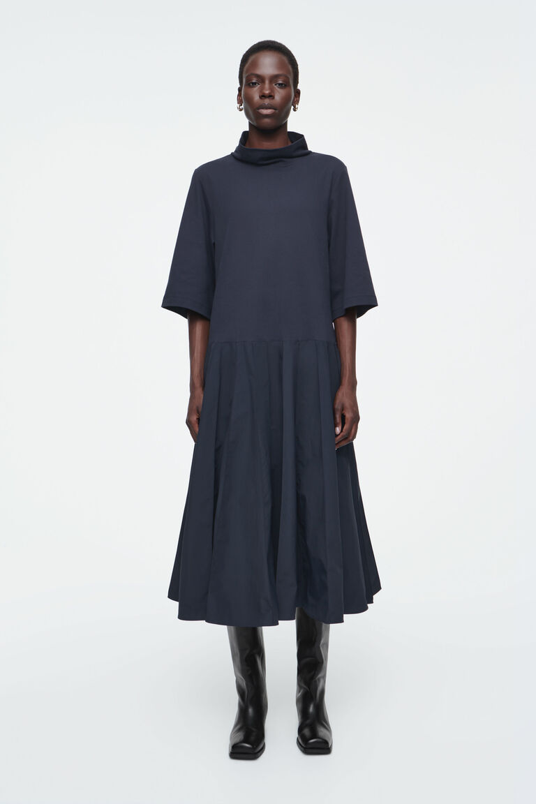 FUNNEL-NECK PANELLED MIDI DRESS