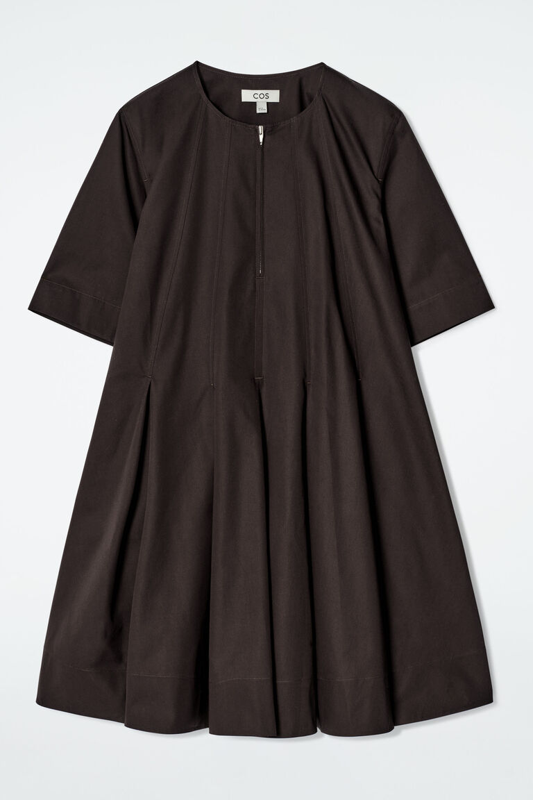 PLEATED ZIP-UP COTTON MINI DRESS