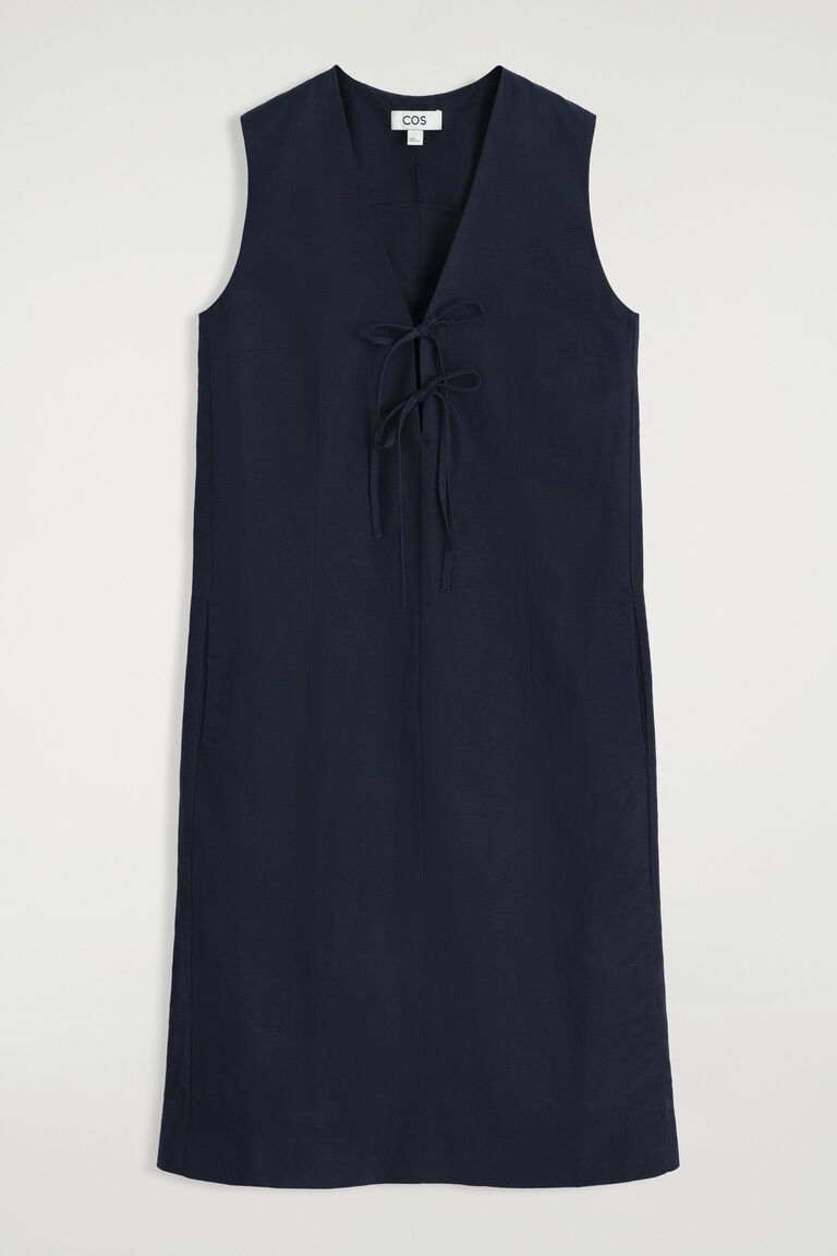 LINEN-BLEND TIE-FRONT MIDI DRESS