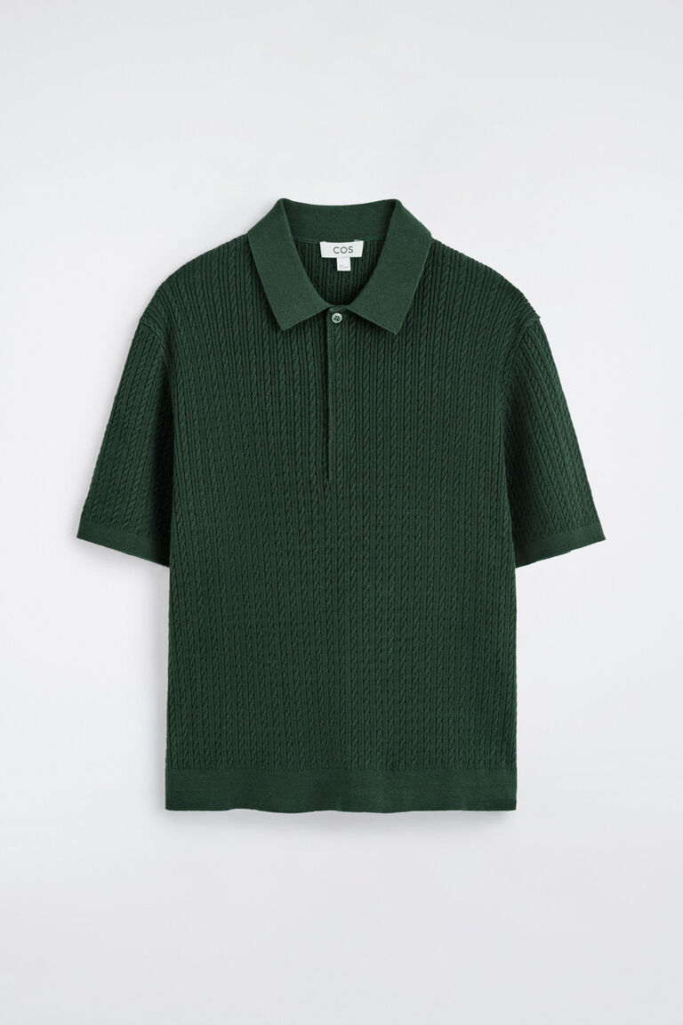 เสื้อโปโลผ้าคอตตอนผสมลินินถักลายเคเบิล