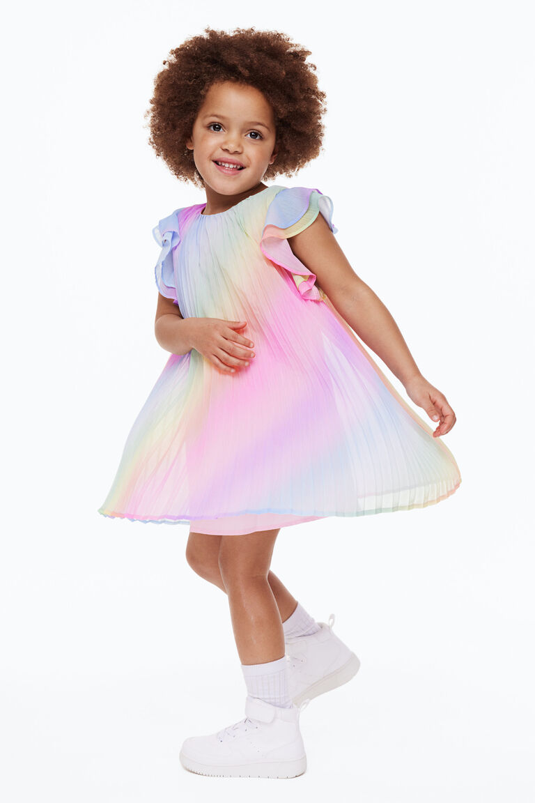 Metallic Printed Pleated Pink A-line Dress