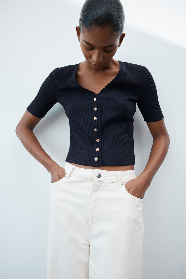 Ribbed button-front top