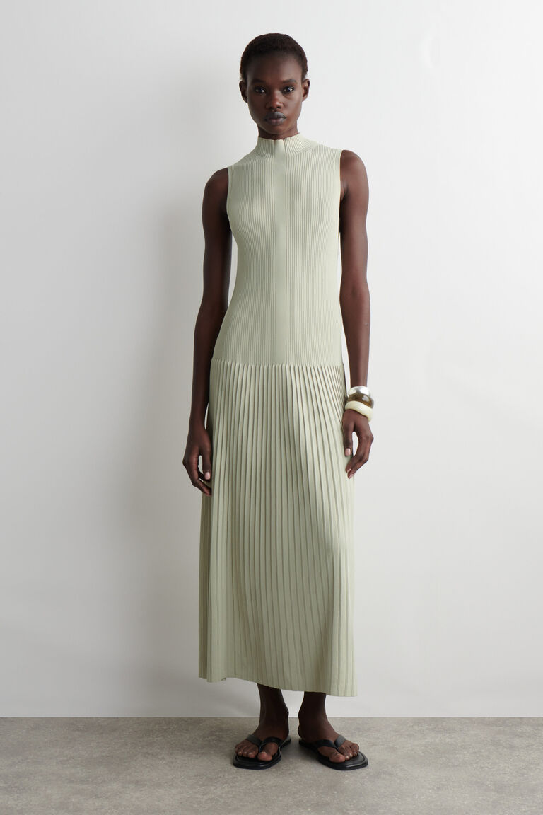 PLEATED HIGH-NECK MAXI DRESS
