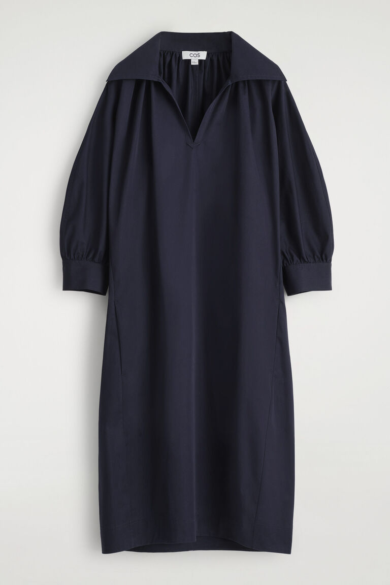 GATHERED COTTON MIDI SHIRT DRESS