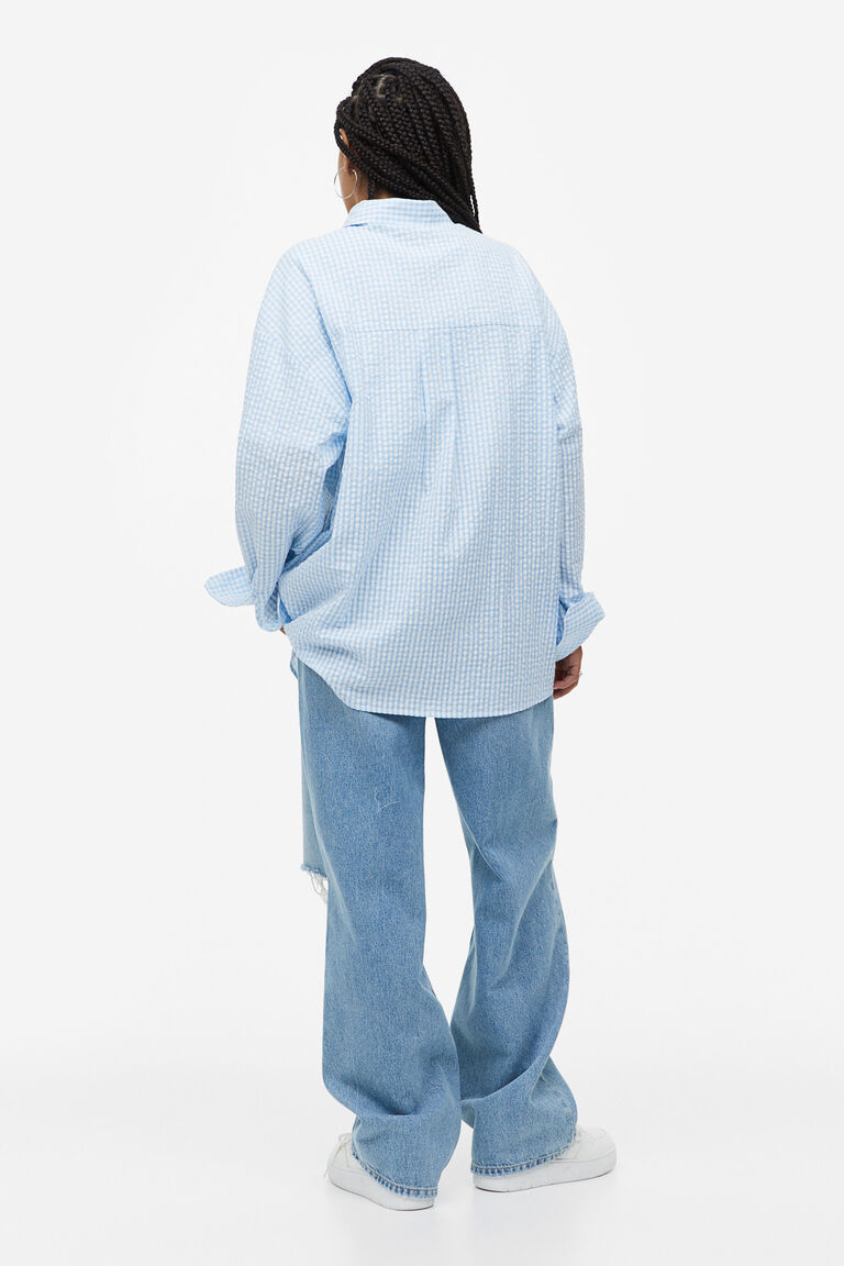 Oversized Cotton Seersucker Short Sleeve Shirt - Brown/Off White Stripe