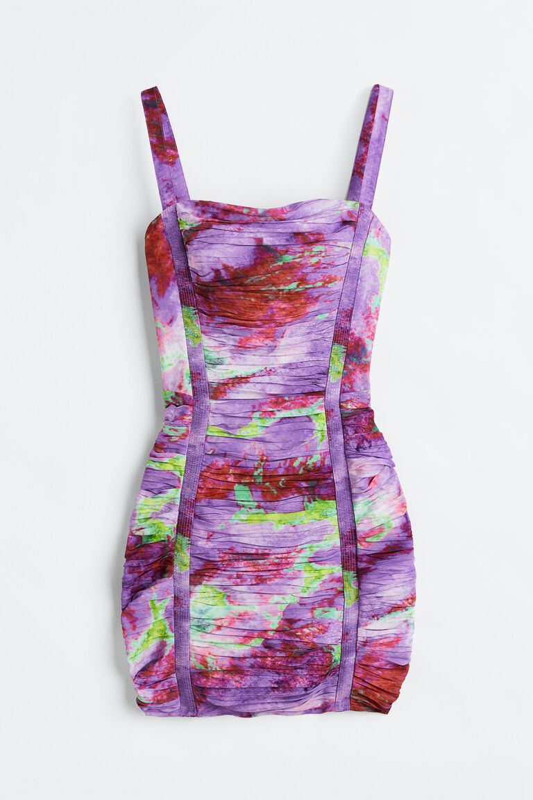 Grey Floral Printed Gathered Crepe Dress