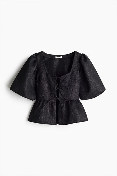 Jacquard-weave tie-front blouse
