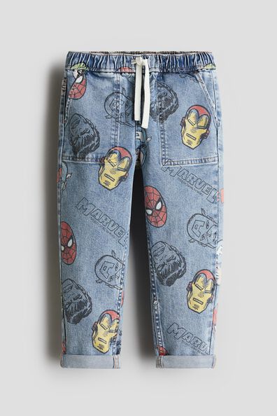Printed denim joggers