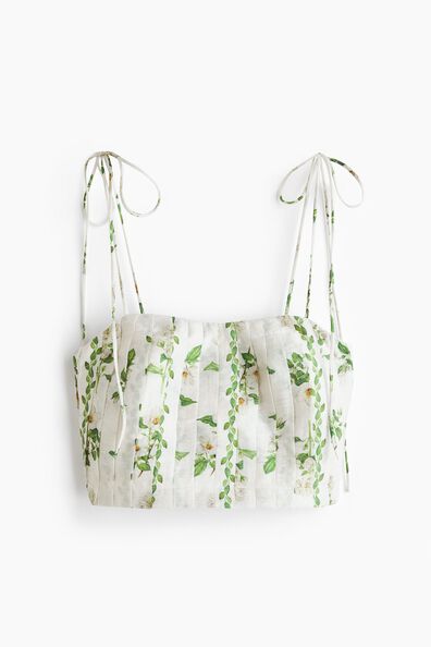 Pleated linen-blend crop top