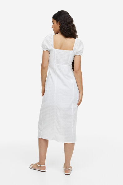 Textured-weave puff-sleeved dress