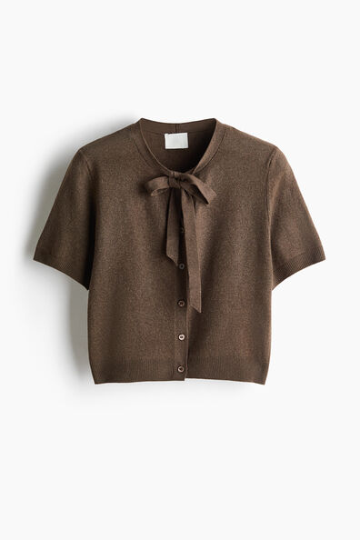 Short-sleeved bow-collar cardigan