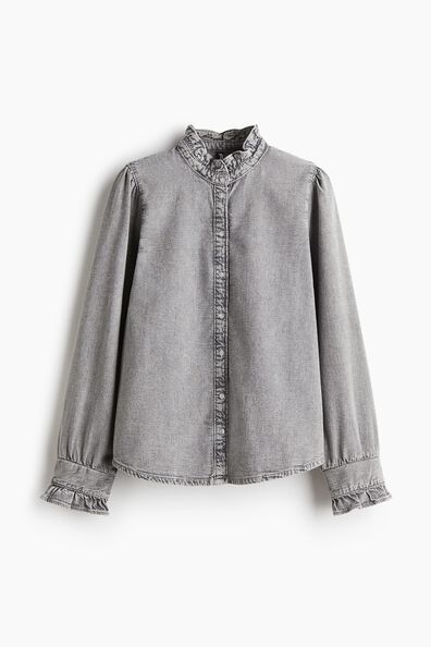 Frill-trimmed denim blouse