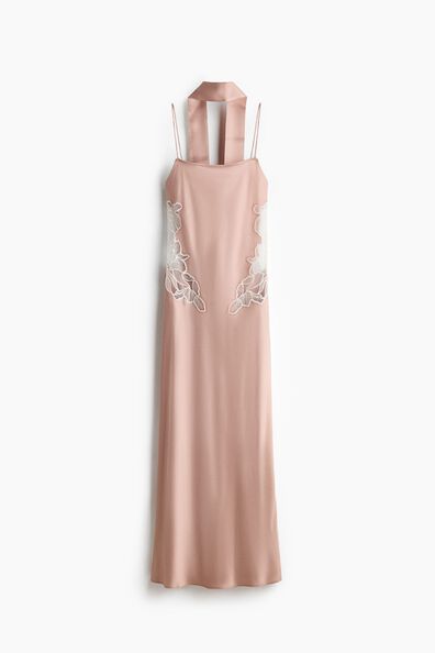 Lace-detail satin dress with scarf