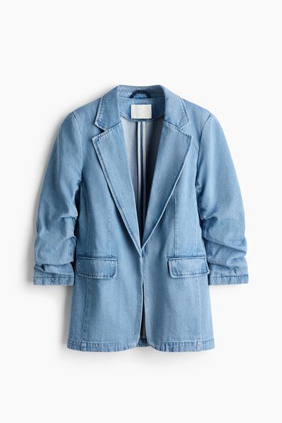 Gathered-sleeve denim blazer