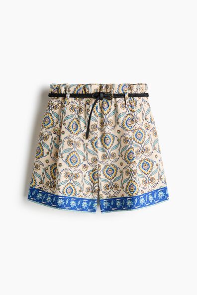 Belted linen-blend shorts