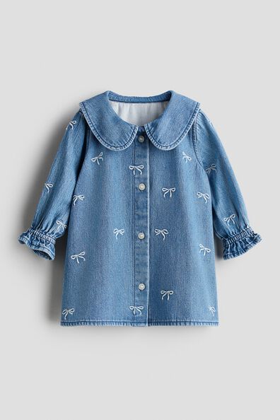Embroidery-detail denim shirt dress
