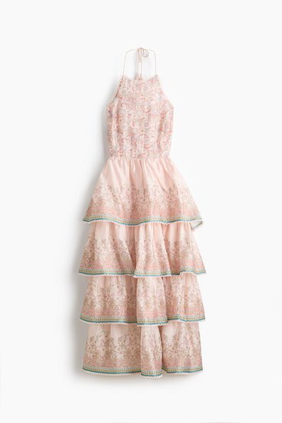 Linen-blend tiered halterneck dress