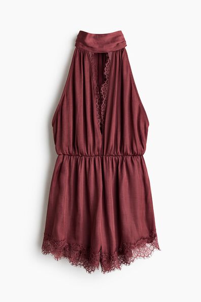 Lace-trimmed halterneck playsuit