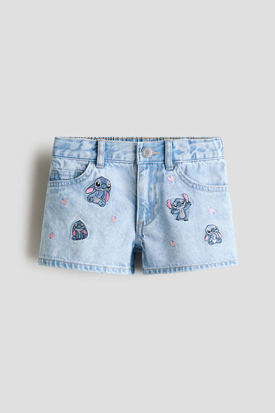 Printed denim shorts
