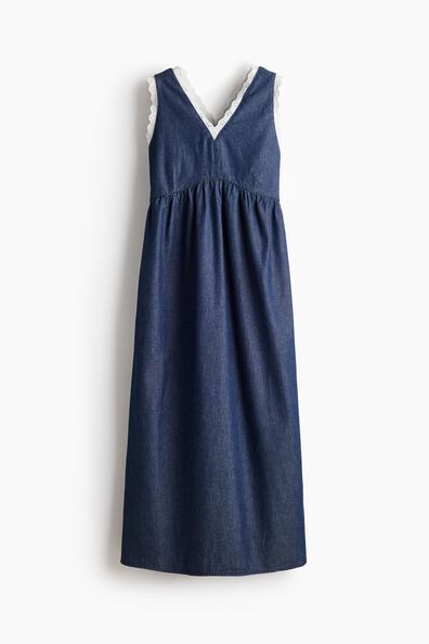 Lace-trimmed denim dress