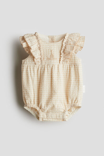 Embroidery-detail seersucker romper suit