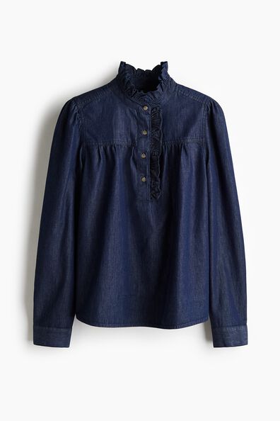Frill-collared denim blouse