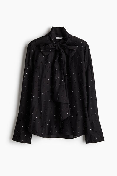 Image 40: Rhinestone-embellished tie-neck blouse