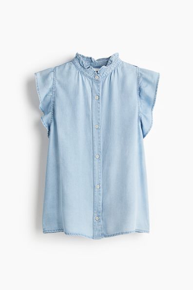 Frill-trimmed denim blouse