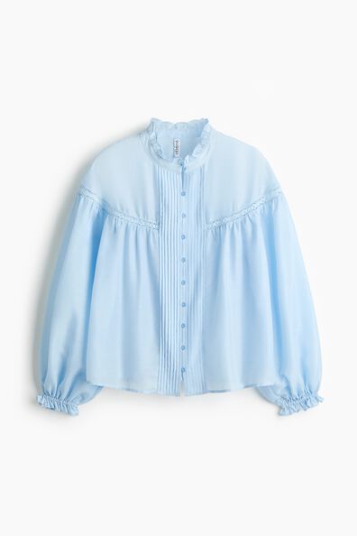 Frill-trimmed balloon-sleeved blouse