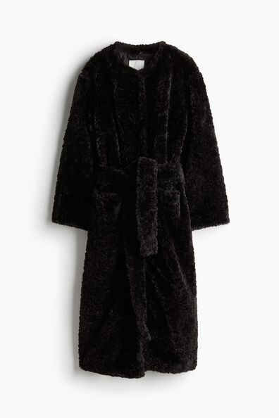 Fluffy tie-belt coat
