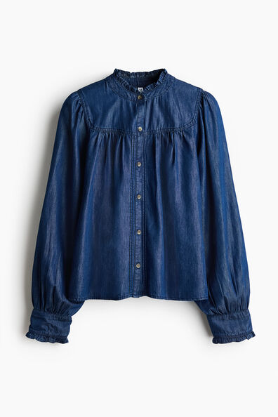 Frill-trimmed denim blouse