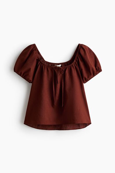 Puff-sleeved linen-blend blouse
