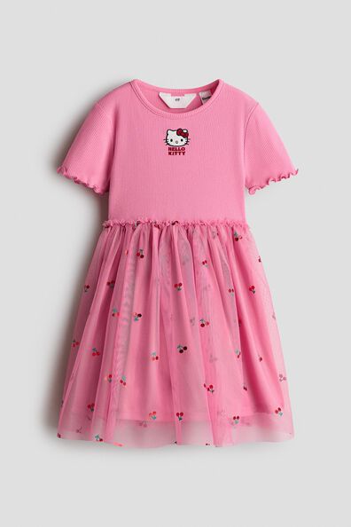 Print-motif tulle-skirt dress