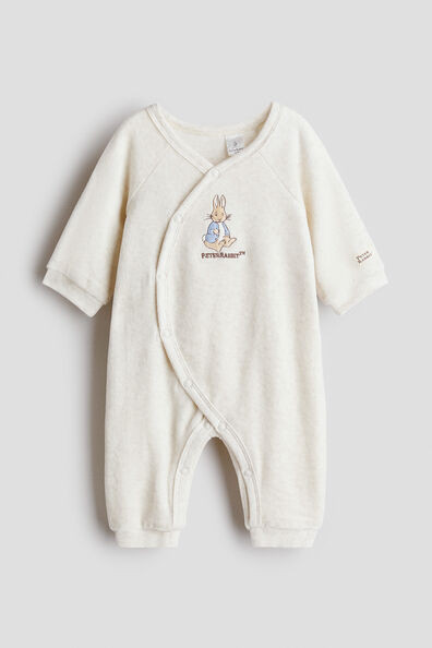 Embroidery-detail velour romper suit