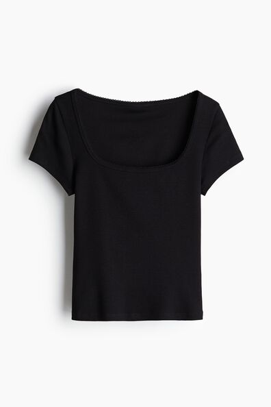 Picot-trimmed ribbed T-shirt