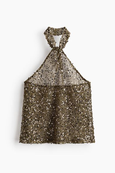 Sequined net halterneck top