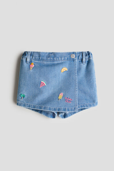 Embroidery-detail denim skort