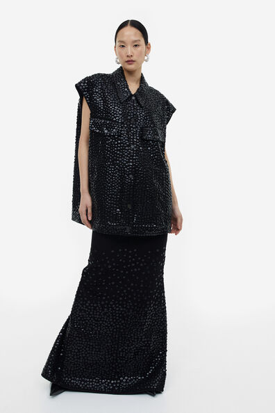 Smock Waist Long Denim Dress/ Printed Border- 304D main image 0