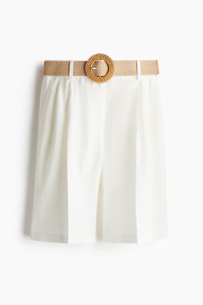 Linen-blend belted shorts