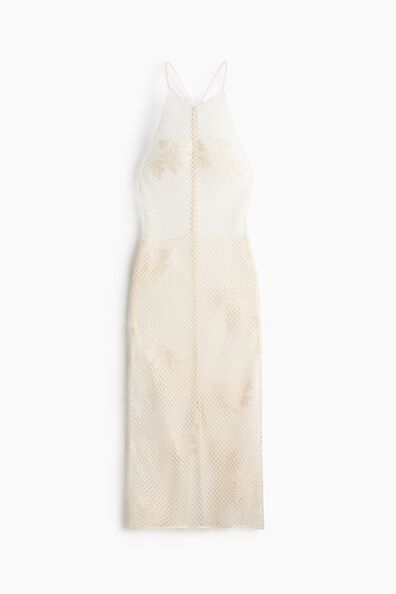 Beaded crochet-look halterneck dress