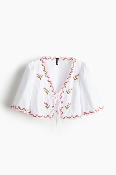 Floral-embroidered poplin blouse