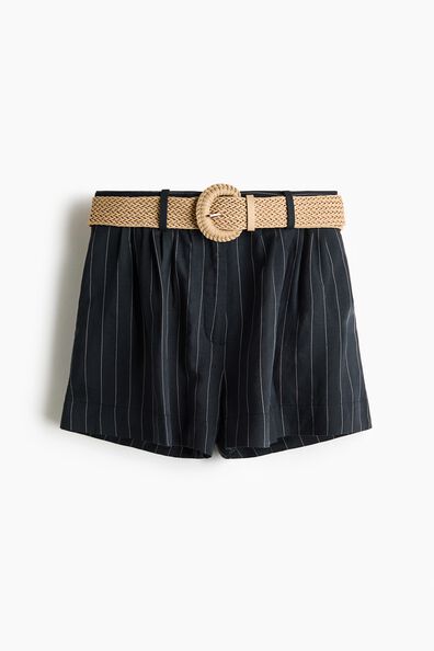 Belted linen-blend shorts