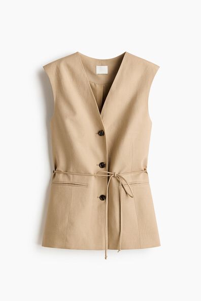 Linen-blend tie-belt waistcoat