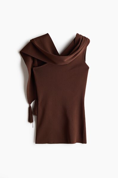 One-shoulder scarf-detail knitted top