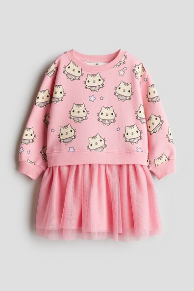 Printed tulle-skirt sweatshirt dress